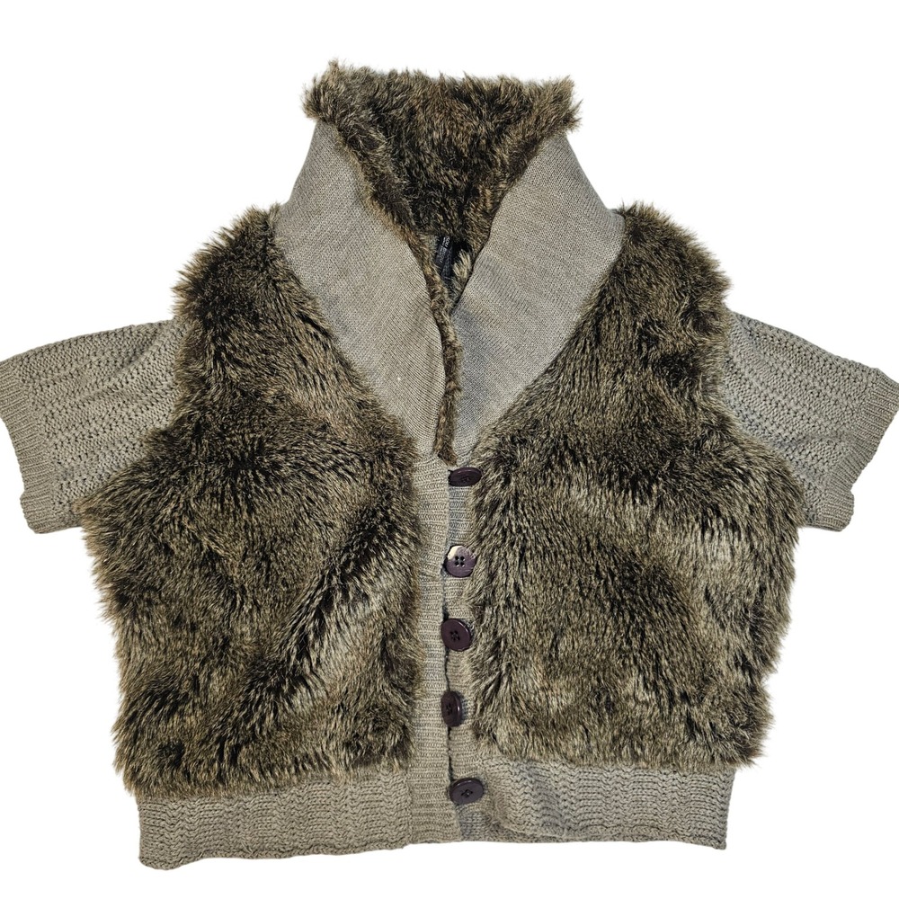 Bisou Bisou Michele Bohbot Faux Fur Knit Short Sleeve Cardigan Sweater Gray XL